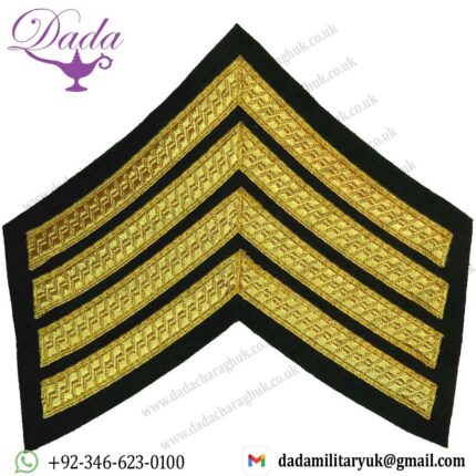 Drum Major's Rank Chevrons 4 Stripes - No.1 Dress Gold On Rifle Green Bullion wire-embroidered Musician, piper, drummer or bugl