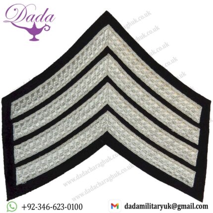 Drum Major's Rank Chevrons 4 Stripes - No.1 Dress Silver On Black Bullion wire-embroidered Musician, piper, drummer or bugler i