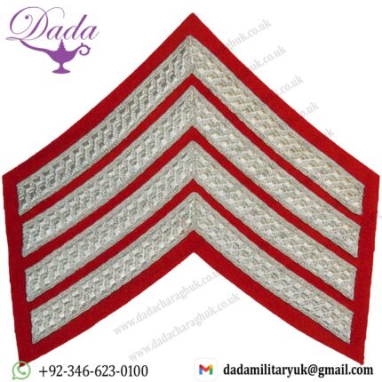 Drum Major's Rank Chevrons 4 Stripes - No.1 Dress Silver On Scarlet Bullion wire-embroidered Musician, piper, drummer or bugler