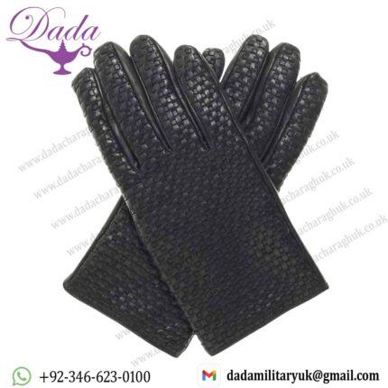 Weave Luxury Black Leather Gloves with Textured Finish
