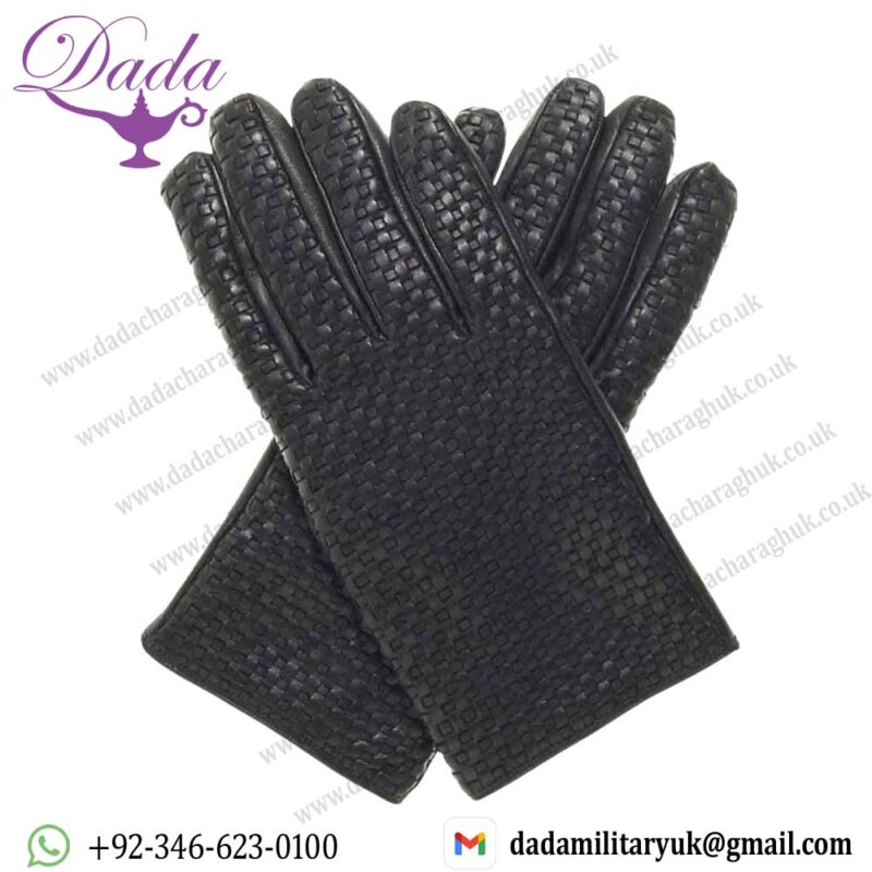 Weave Luxury Black Leather Gloves with Textured Finish